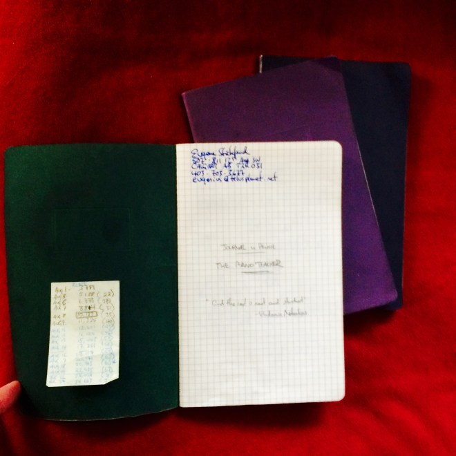 The three notebooks I wrote the first draft of The Piano Teacher in, and the first page. Such a long journey. 